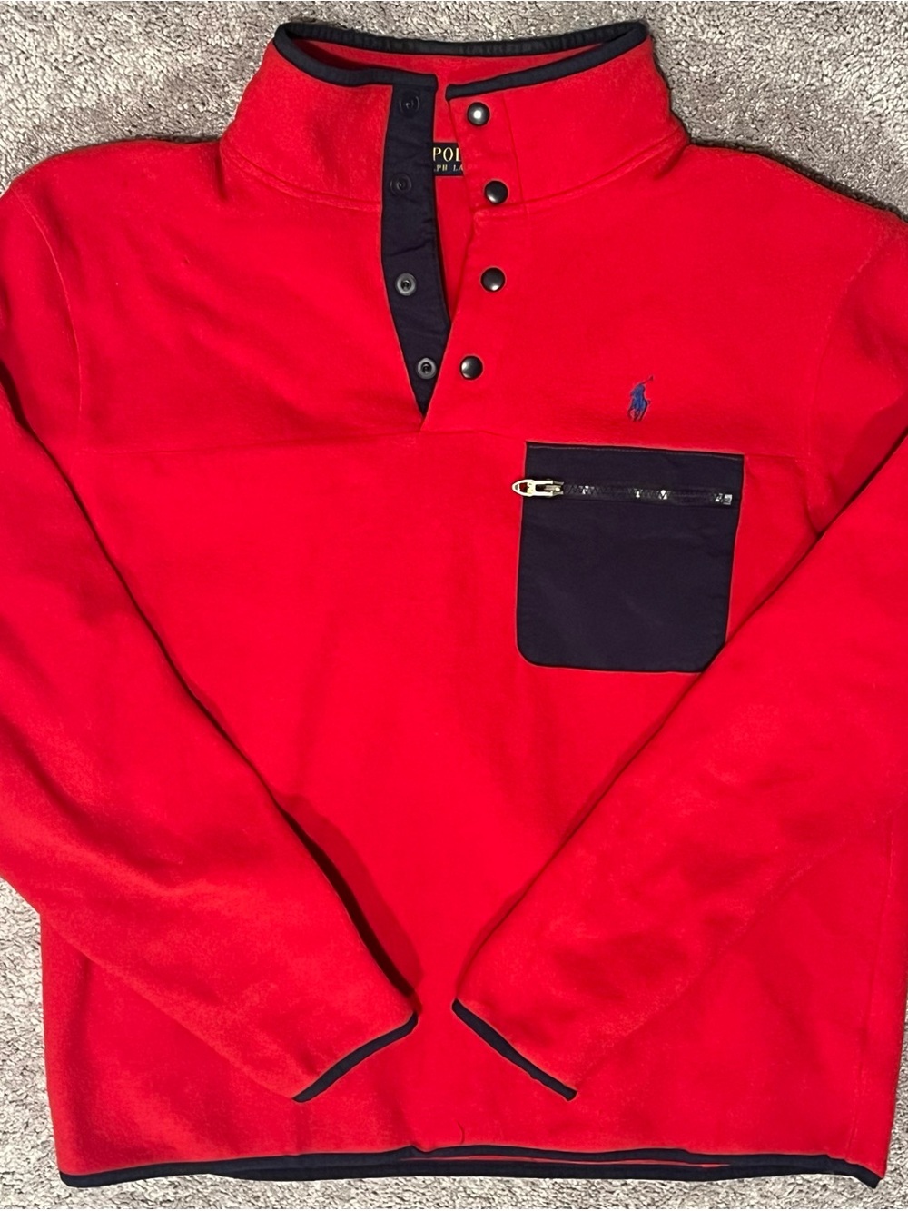 Polo by Ralph Lauren Red Fleece Snap-Placket Pullover with Navy Pocket